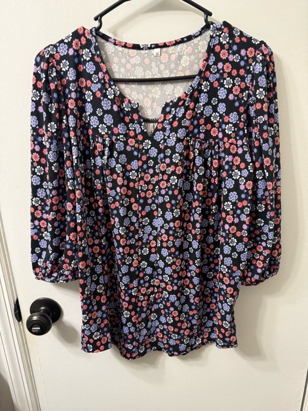 Floral V-Neck Peasant Blouse - Navy with Pink & Lavender Flowers